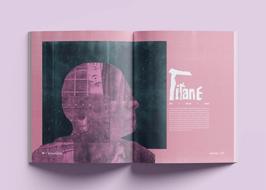 Dysmorphophobia Magazine first Titane spread mocked-up on a magazine