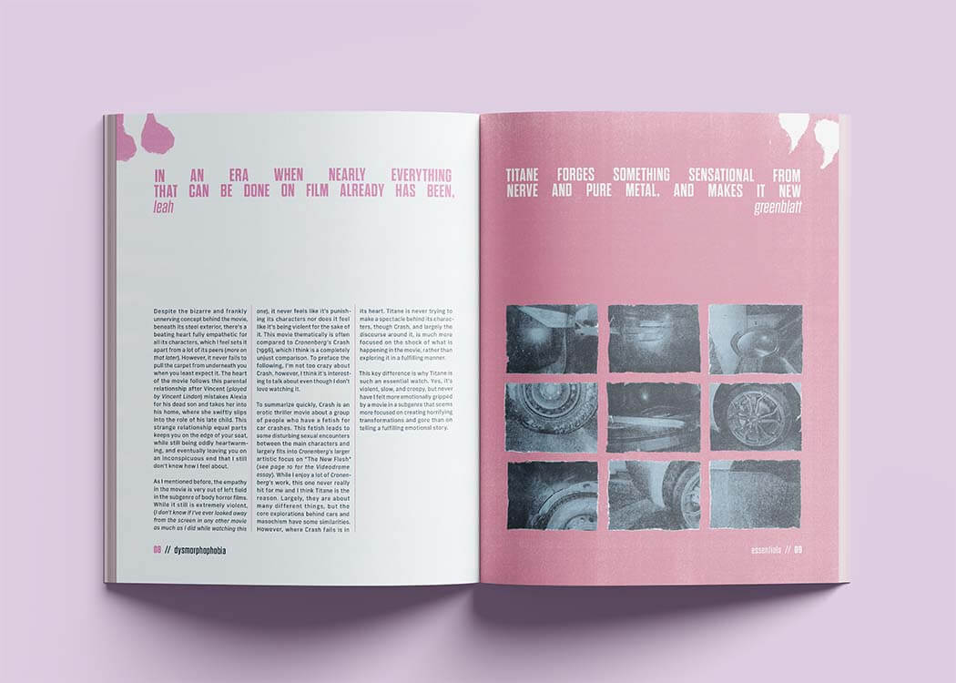 Dysmorphophobia Magazine second Titane spread mocked-up on a magazine