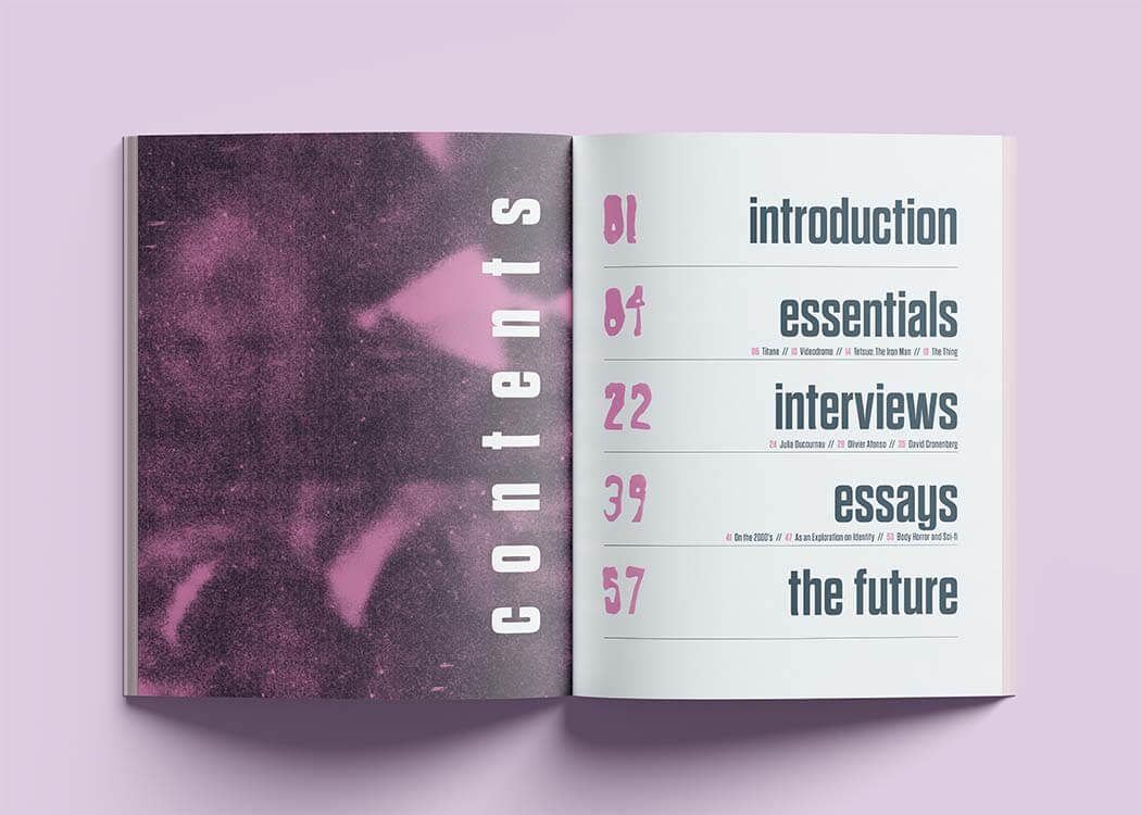 Dysmorphophobia Magazine table of contents spread mocked-up on a magazine