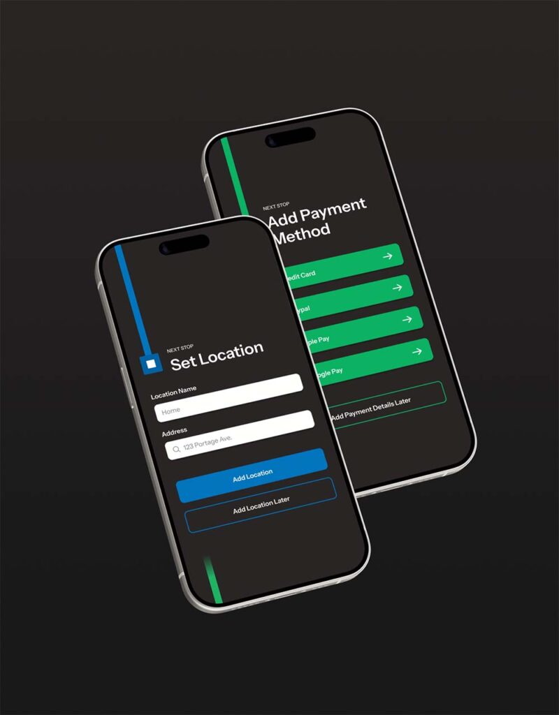 Set Location screen and Add Payment Method screen from the Winnipeg Metro app